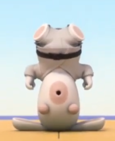 lapin crétin sur la tête sur un tatamis