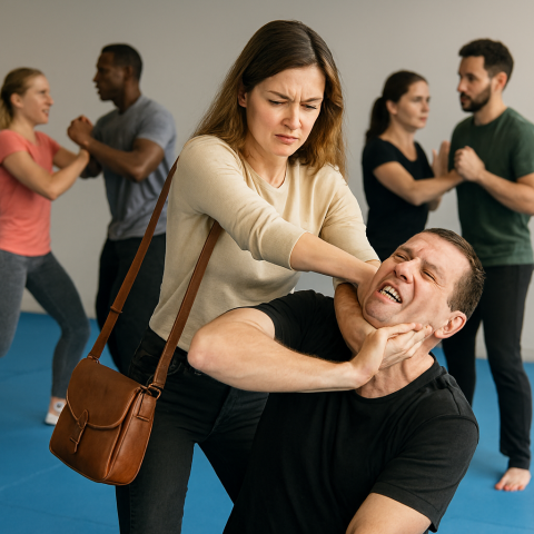 Femme appliquant une prise d'étranglement à un assaillant avec un faux couteau dans le cadre d'un cours collectif